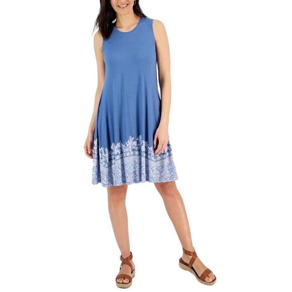 Style & Co Womens Printed Flip-Flop Dress Vintage Denim Blue Petite Small NWT - Picture 1 of 9